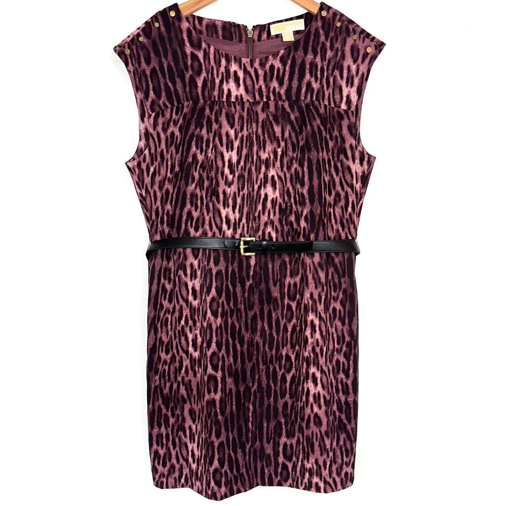 MICHAEL Michael Kors Purple Animal Print Belted Sheath Dress Size 14